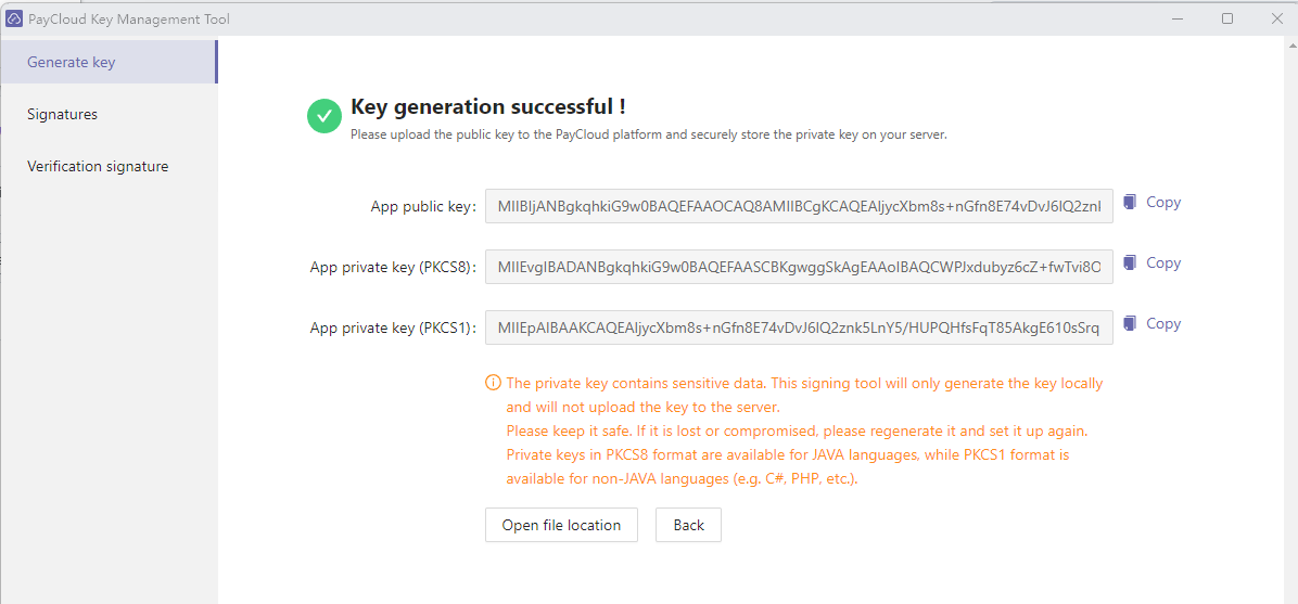 Using PayCloud's signature tool to generate rsa keys